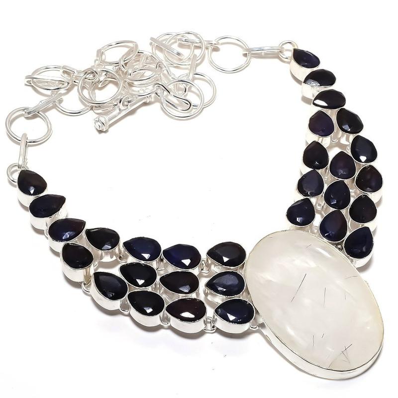 Ювелирное ожерелье из серебра 925 пробы с черным рутиловым кварцем и сапфиром 18 дюймов MQ-1217
