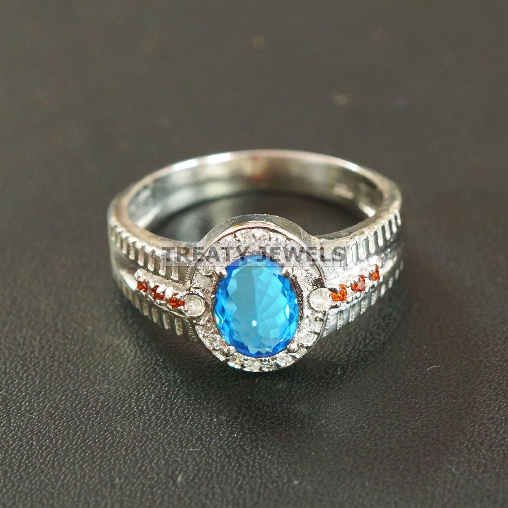 Blue Topaz Oval Cut Gemstone With 925 Sterling Silver Ring For Men's #A873 JL375669020318