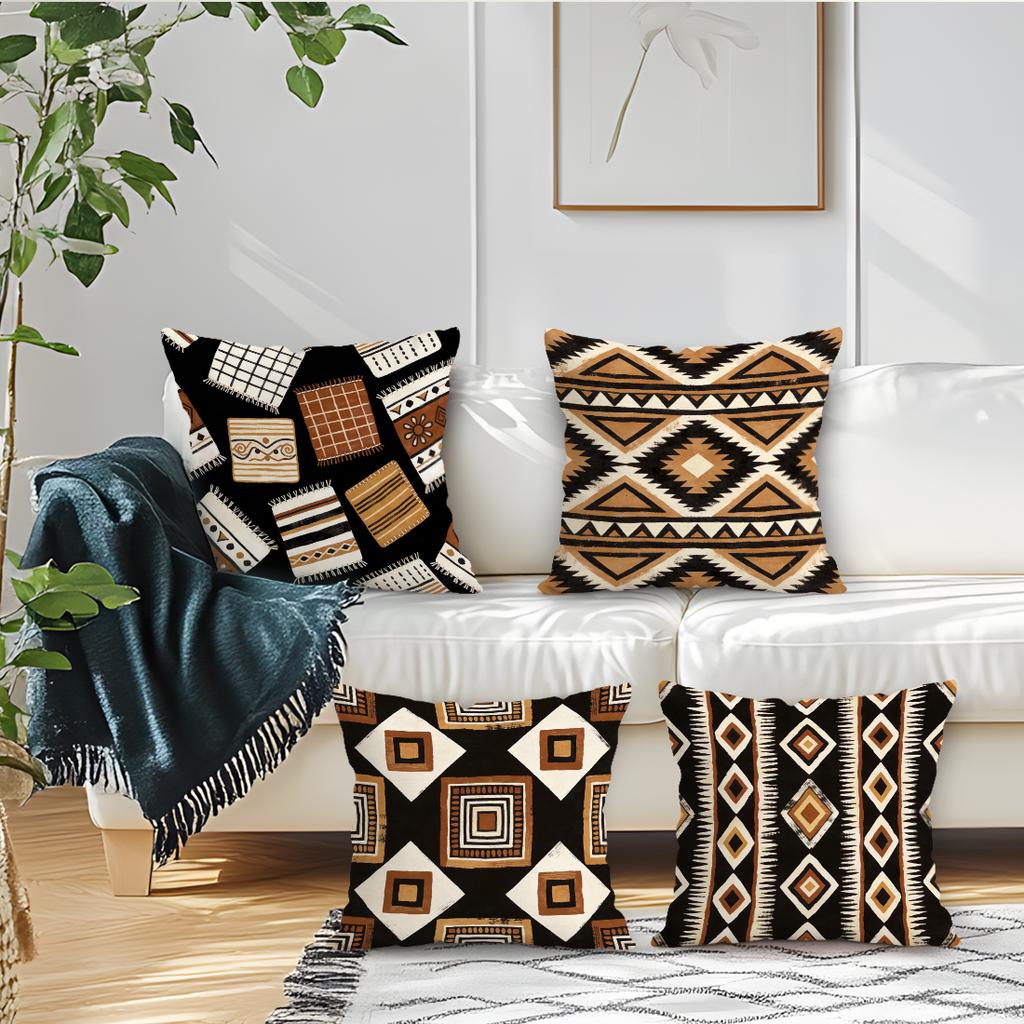 4Pcs Retro Fashion Tribal Geometric Print Single-Sided Cushion Cover For Living Room Bedroom Car Home Decor