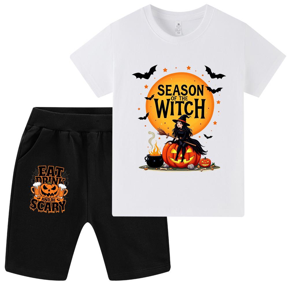 WA1650 Multi-color Kids Boys Girls Halloween Bat Ghost Print Short Sleeves T-shirt Shorts Sets