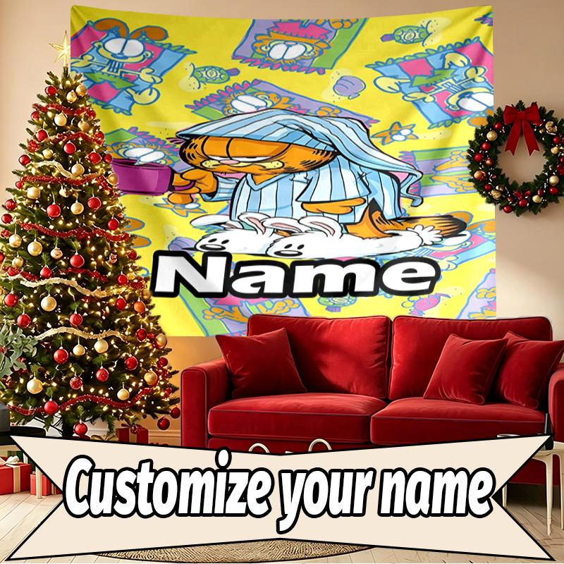 Custom Name Personalized Garfield Print Tapestry, Wall Art Decor, Bedroom, Dorm, Apartment, LivingRoom, Party Backdrop, Gift for Birthday