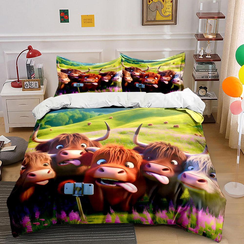 Funny Highland Cows Selfie Bedding Duvet Cover Set (1*Duvet Cover 2*Pillowcases, without duvet insert)