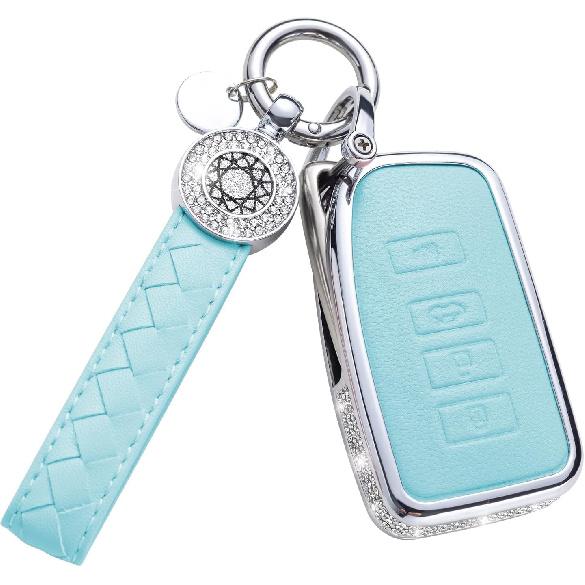 for Volvo Key Fob Cover with Keychain, Blue Leather Rhinestone Key Case Protection Shell Compatible with XC90, XC60, XC40, S60, S90, V60, V90,
