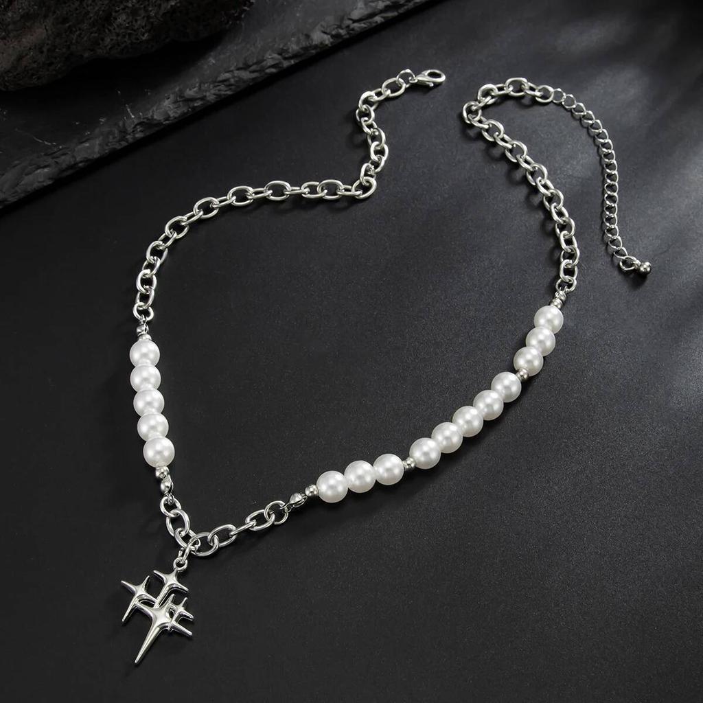 SHIXIN Hip Hop Geometric Star Pendant Necklace for Men Retro Punk Imitation Pearl Choker Necklace Fashion Jewelry on the Neck