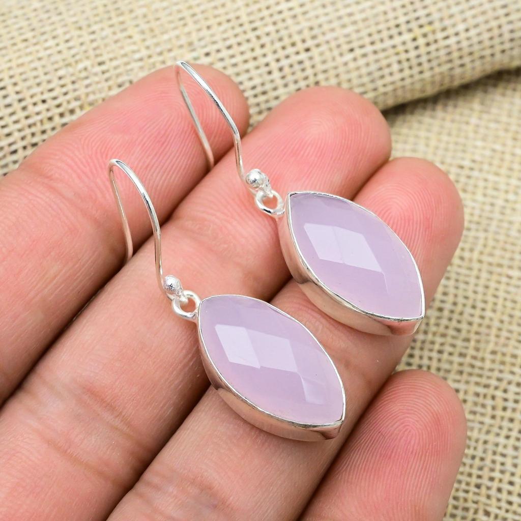 Pink Chalcedony Gemstone Handmade 925 Solid Sterling Silver Jewelry Dazzling Earrings Gift For Her