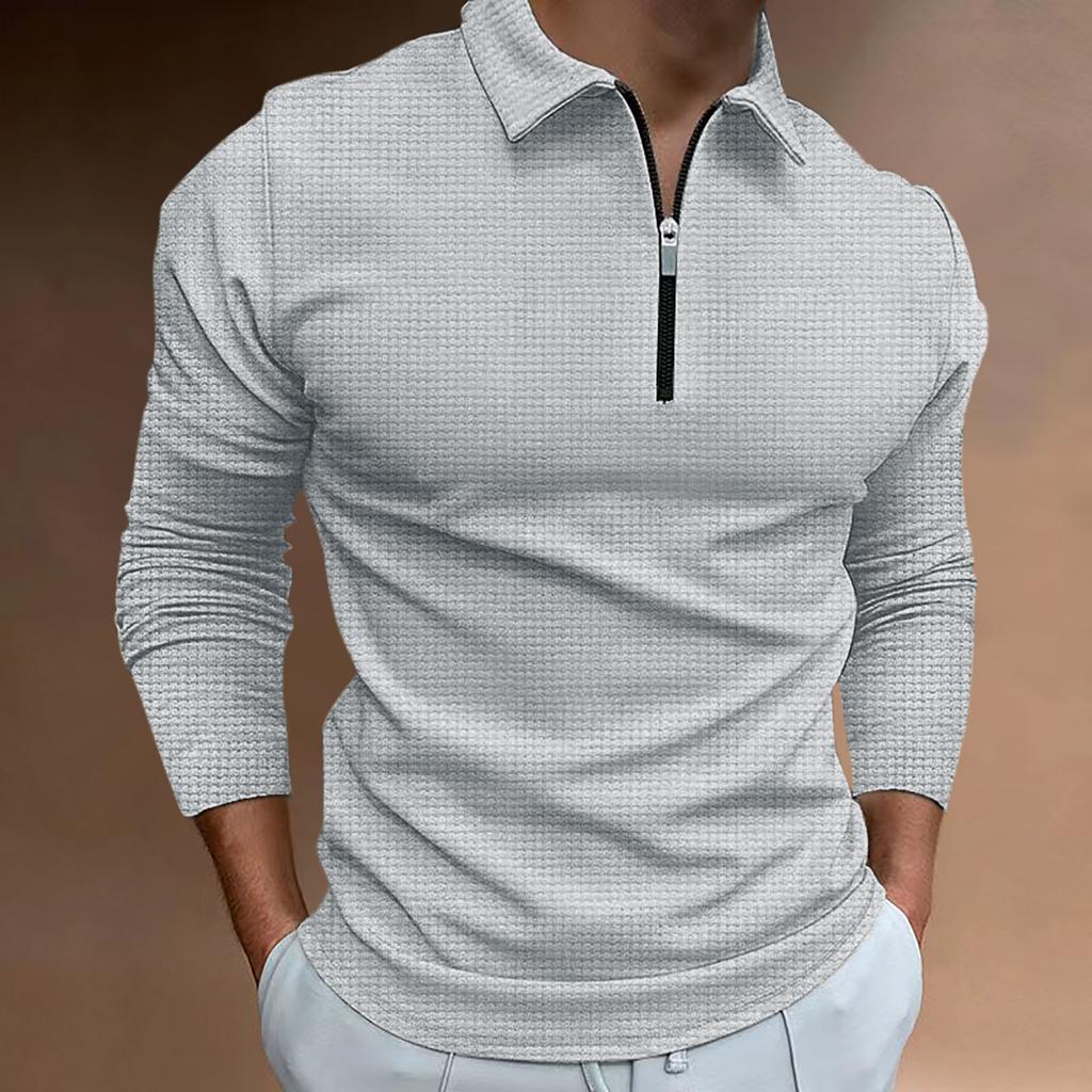 New Waffle Zip Long Sleeve Polo Shirt Men's T-shirt Top 8 Colours