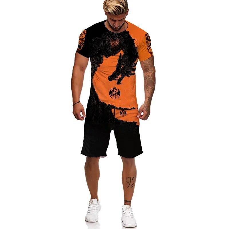 Мужская футболка/костюм с 3D принтом Flying Dragon Totem Art, летний крутой топ с короткими рукавами + шорты, комплект, готический спортивный костюм в стиле хип-хоп