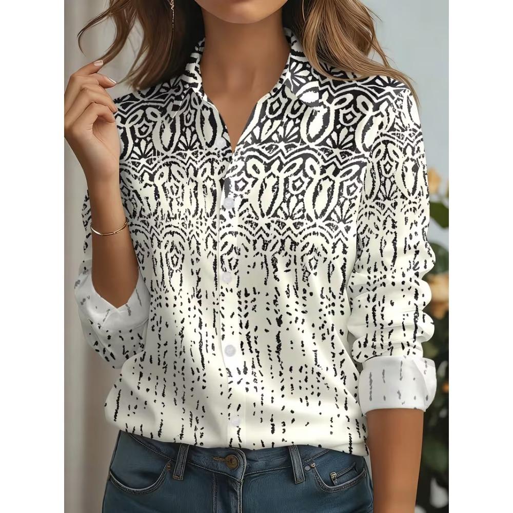 Plus Size Women's Shirt Elegant Cat Printed Spring Autumn Blouse Top