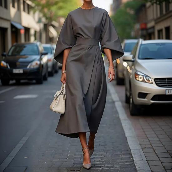 Lady Midi Dress Three Quarter Dolman Sleeves Slim High Waist Solid Color Round Neck Long Dress Summer Spring Prom Party Dating Dress