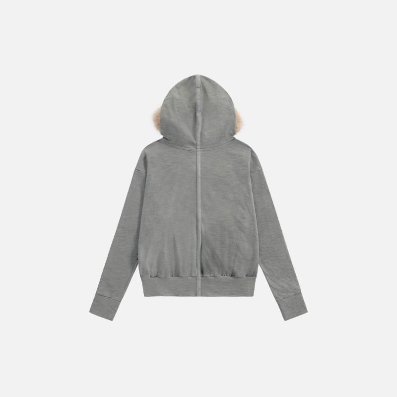Unisex Vintage Americana Hoodie With Beaded Embellishment Faux Fur Trim Relaxed Fit Streetwear Sweatshirt