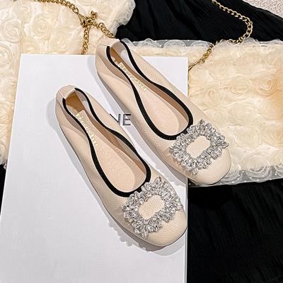 Весна-лето Новые туфли на плоской подошве для женщин с круглым носком, со стразами, кожаные мокасины для девочек, удобные мягкие туфли-лодочки без застежек
