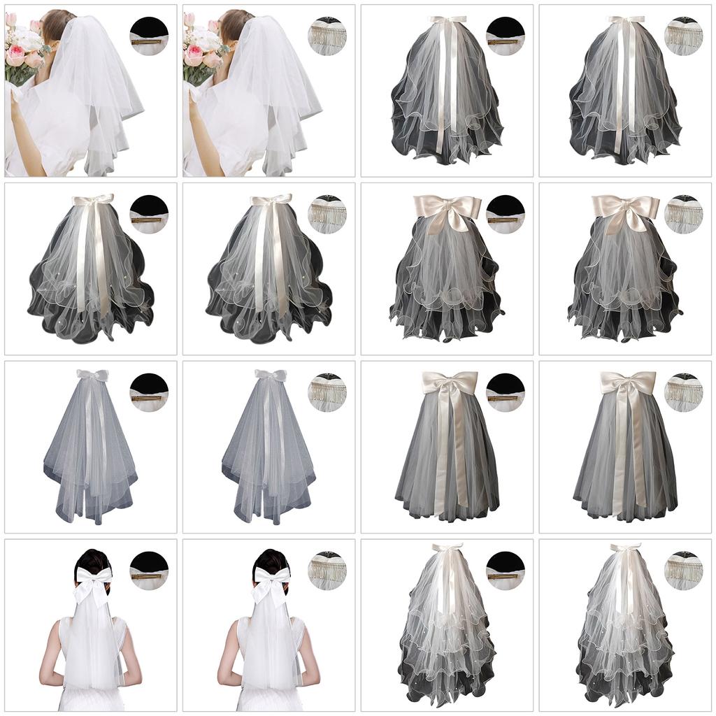 Свадебная кружевная фата для женщин, многослойная фатина для девичника, свадебная фата с жемчугом/бантом для свадебной вечеринки