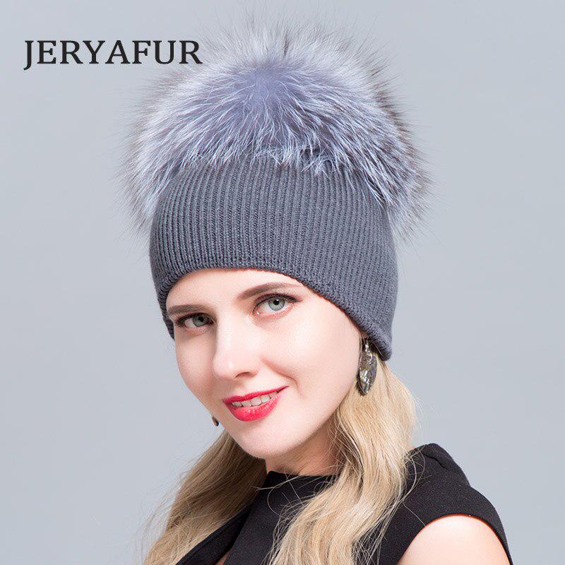 JERYAFUR Трикотажная шапка с помпоном из настоящего меха