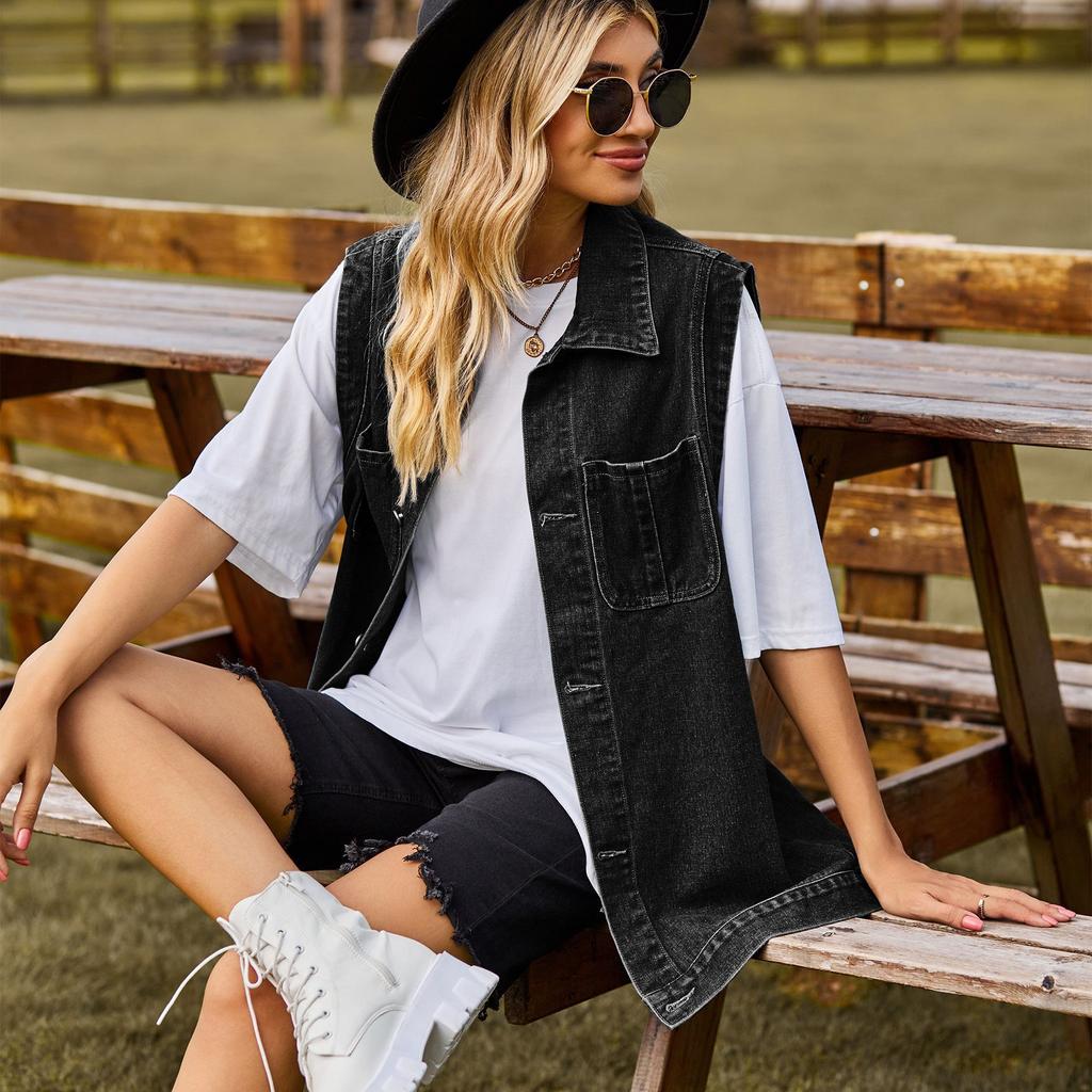 YYFS Женская модная джинсовая осенне-зимняя повседневная куртка-поло без рукавов с воротником с лацканами