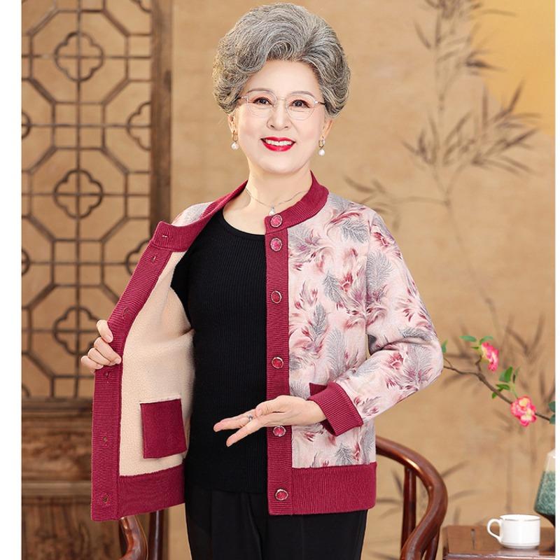Бабушка осень и зима вязаный свитер женщина пожилая дама пальто старый новый мать пакет флис утолщенный кардиган свитер