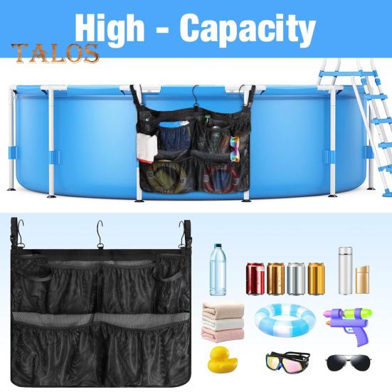 Poolside Storage Bag Multi Pockets Hollow Out Drainage 360 Degree Rotation Hook Large Capacity Swimming Pool Pole Toys Goggles Phone Mesh Bag