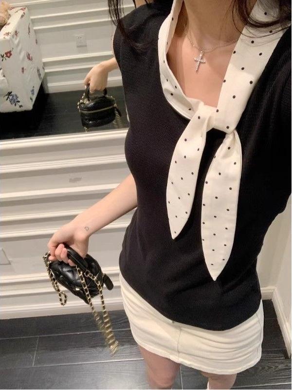 Женский укороченный жилет-топ без рукавов в черный горошек с бантом - Облегающий, Летний 2026, Французский стиль