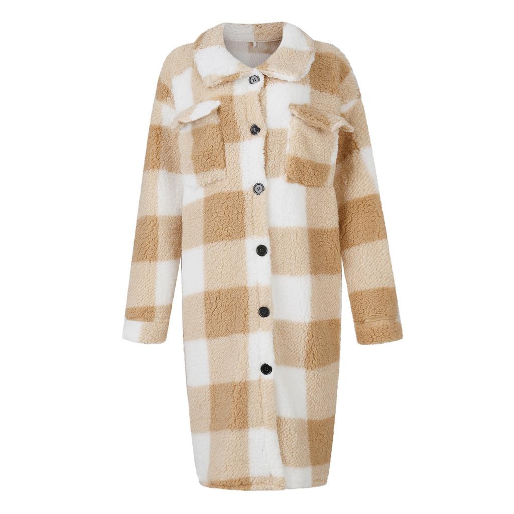 Women's Casual Coat Winter Overcoat Jacket Plaid Print Drop Shoulder Teddy Coat