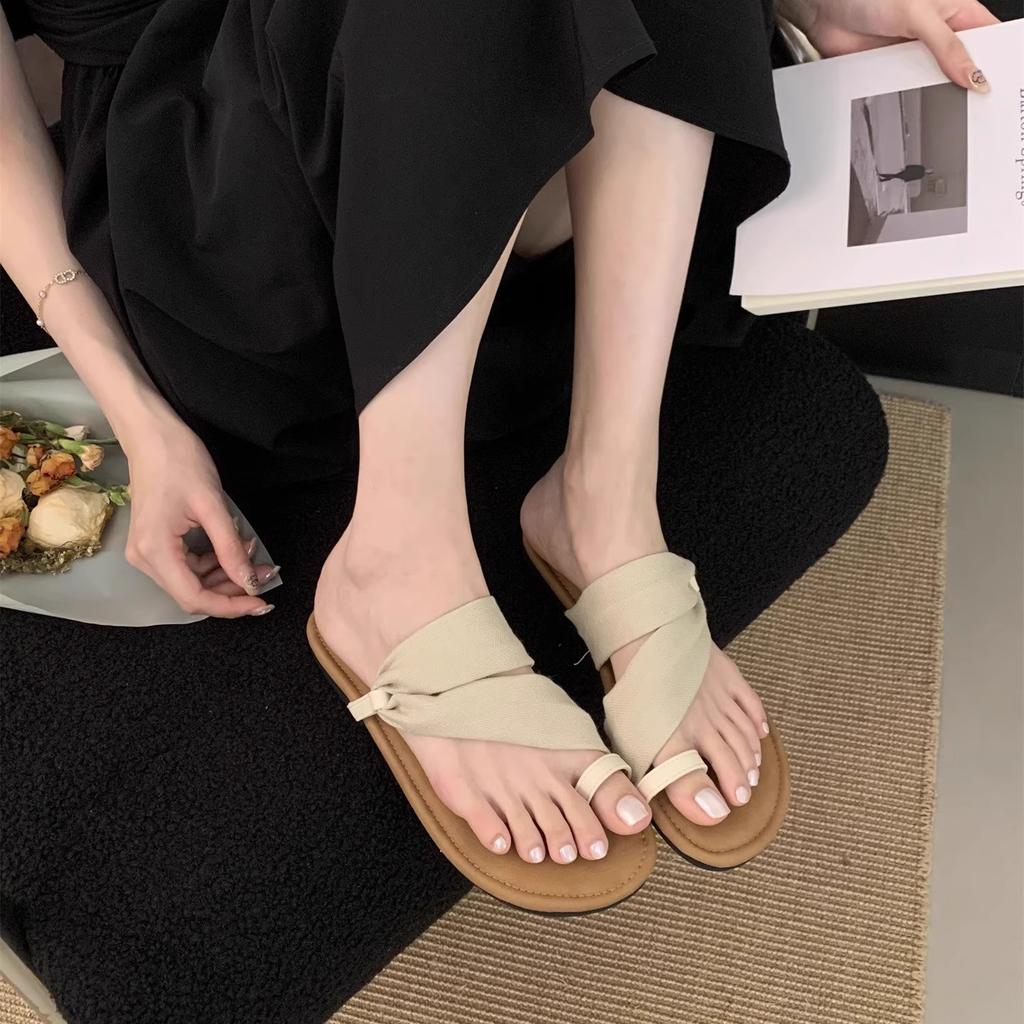 Летние льняные тапочки женские новые с закрытым носком повседневные сандалии пляжная обувь морской отдых мягкая плоская римская обувь