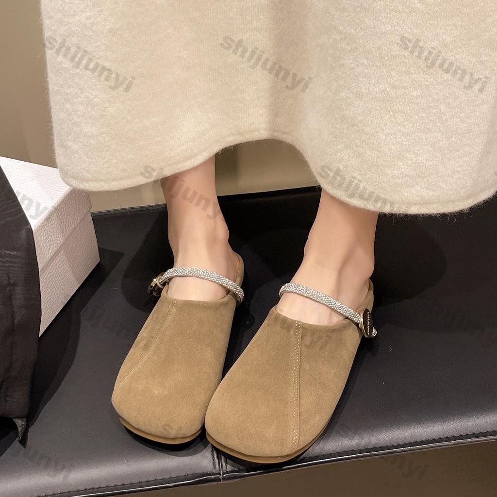 Женская обувь 2025 Лето Новые Винтажные Туфли-полушлепки со стразами Уличные Удобные Мягкая подошва Металлическая отделка Женские сандалии