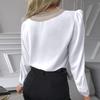 Women's Casual Fashion Solid Color Lace Long Sleeve V-neck Top