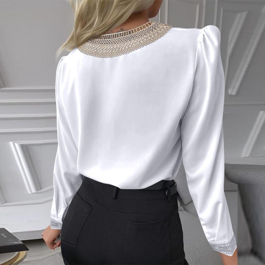 Women's Casual Fashion Solid Color Lace Long Sleeve V-neck Top
