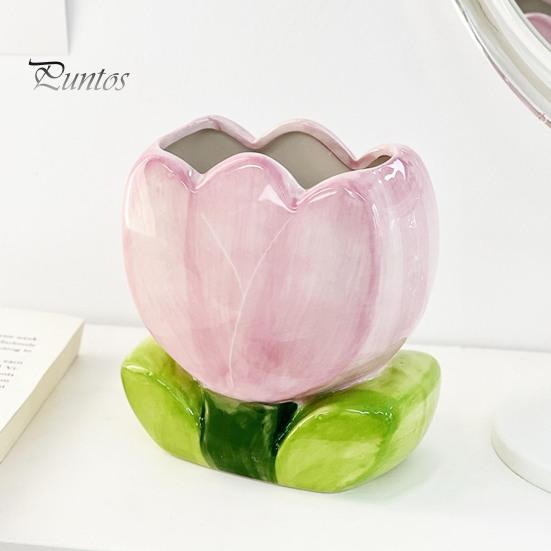Ceramic Flower Pen Holder Handmade Tulip Cosmetic Storage Box Makeup Brush Organizer Flower Pencil Holder for Home Office Desk