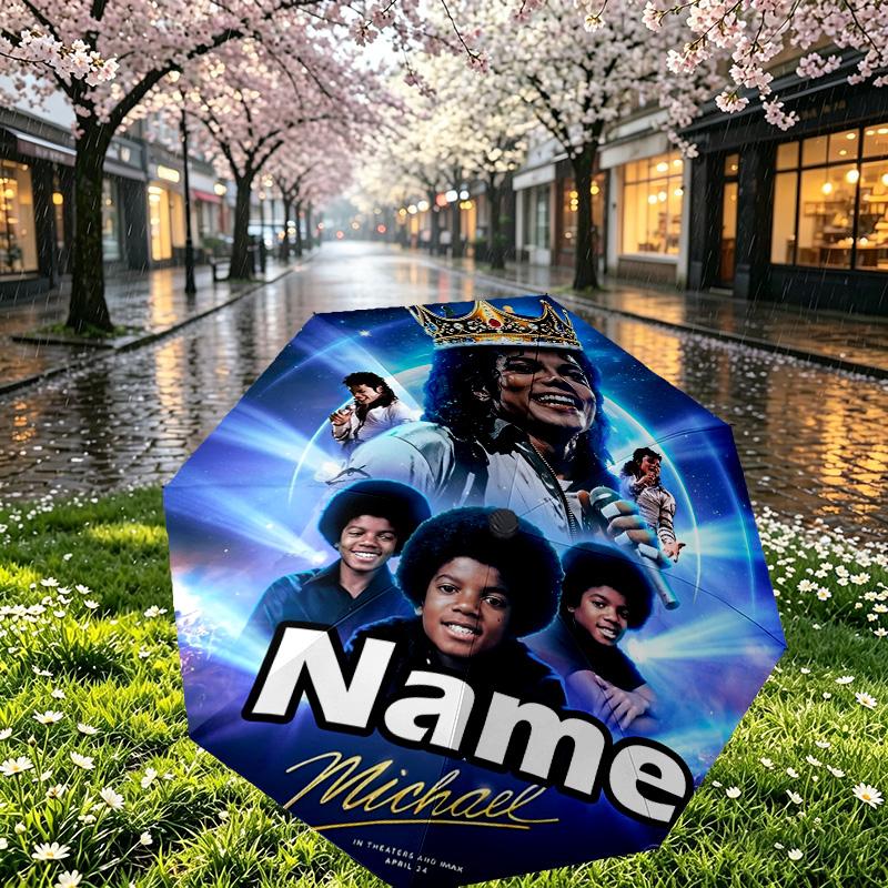 Custom Name Personalized Michael Jackson Print Umbrella, Auto Open Close, 8‑Rib Sturdy Frame, Commute Camping Hiking Use, Birthday Gift