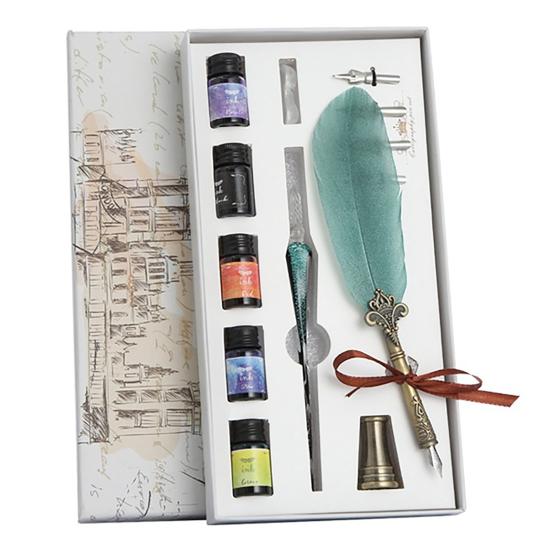 Glass Dip Signature Fountain Pen Faux Crystal Feather Design Writing Decor Set
