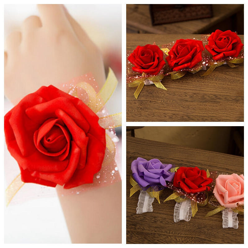 Корсаж на запястье невесты, свадебный браслет с розами, шелковые цветы, лента