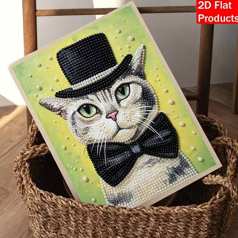 5D DIY Pearl Art Kit Cat With Top Hat Decor Home Wall Decoration