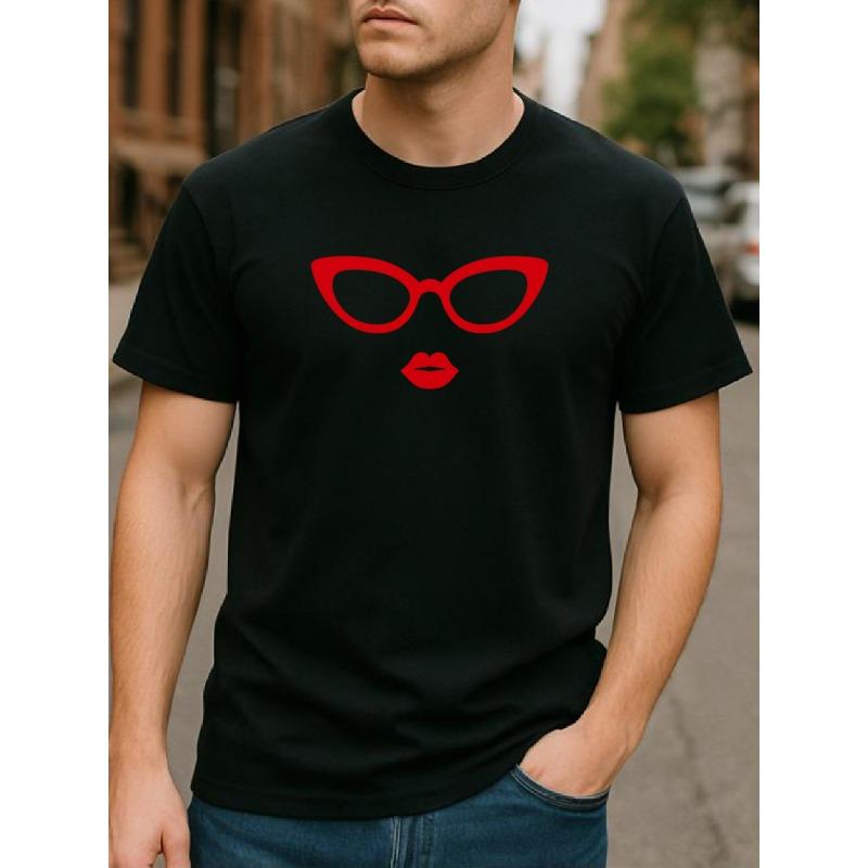 European sizes Red-framed Glasses and Red Lip Print T-shirt | Versatile for Fitness Training, Casual Weekend Wear, Crew Neck, Regular Fit