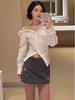 2026 Early Spring New Style Off-Shoulder Letter Crystal Mesh Patchwork Loose Long-Sleeve Women's Top