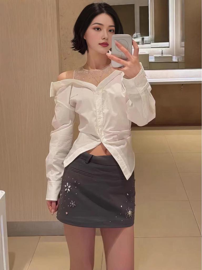 2026 Early Spring New Style Off-Shoulder Letter Crystal Mesh Patchwork Loose Long-Sleeve Women's Top