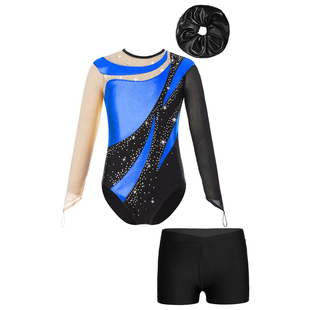 Kids Girls Gymnastic Leotard Long Sleeve Mesh Keyhole Back Design with V-Front Shorts Set