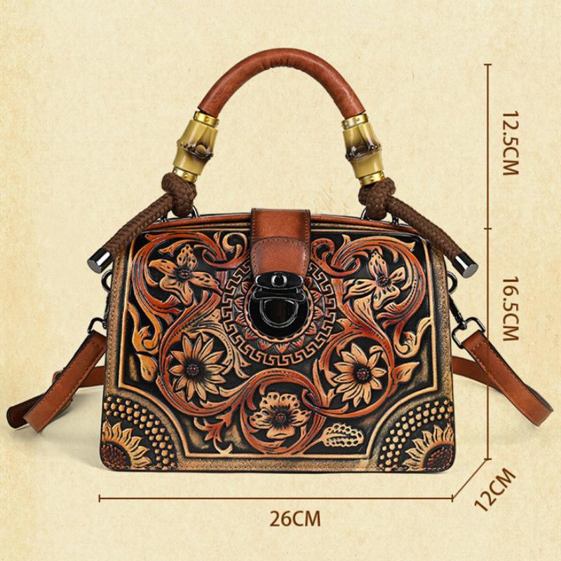 Vintage Luxury Handbag Handmade Leather Carved Women Bag Versatile Female Shoulder & Crossbody Bags
