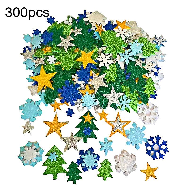 300pcs Self-Adhesive Glitter Foam Stickers for Christmas , Snowflakes & Pine Trees, No Residue, Vibrant Colors for Windows
