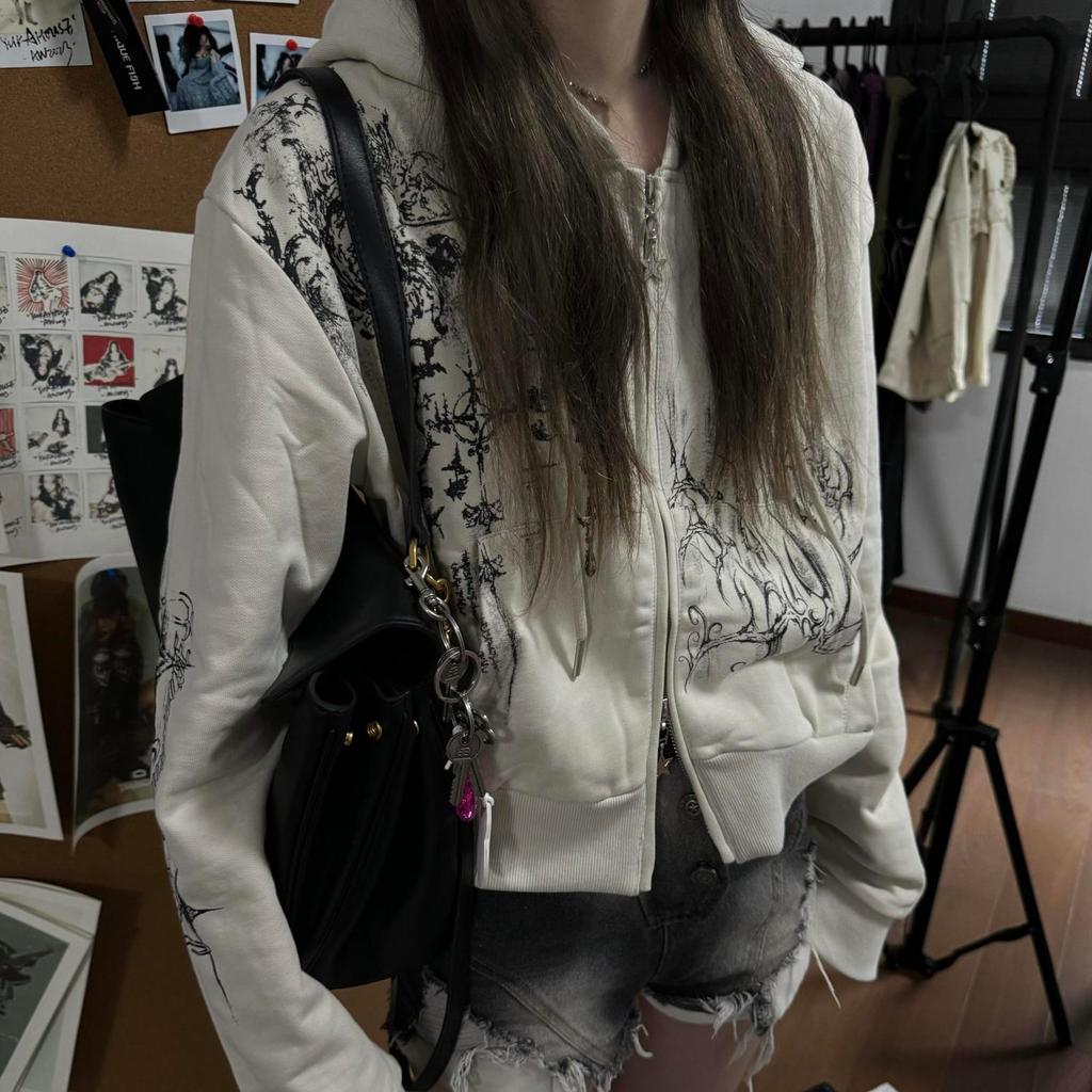 VAYLA Осенние укороченные худи в эстетике Y2k для женщин, повседневные, с принтом, на двойной молнии, в стиле харадзюку, панк, готические куртки в стиле фейри-гранж