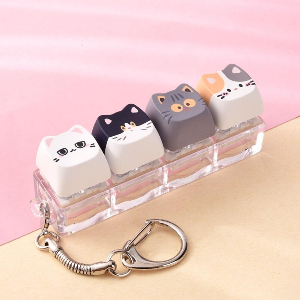 Creative Cat Fidget Keychain 4 Keys Keycap Keychain Cat Mechanical Keyboard Keyring Kitten Fan