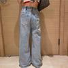 Джинсы с высокой талией для девочек, прямые, свободные, широкие брюки, весна и осень, корейские мешковатые джинсы, модные детские джинсовые брюки