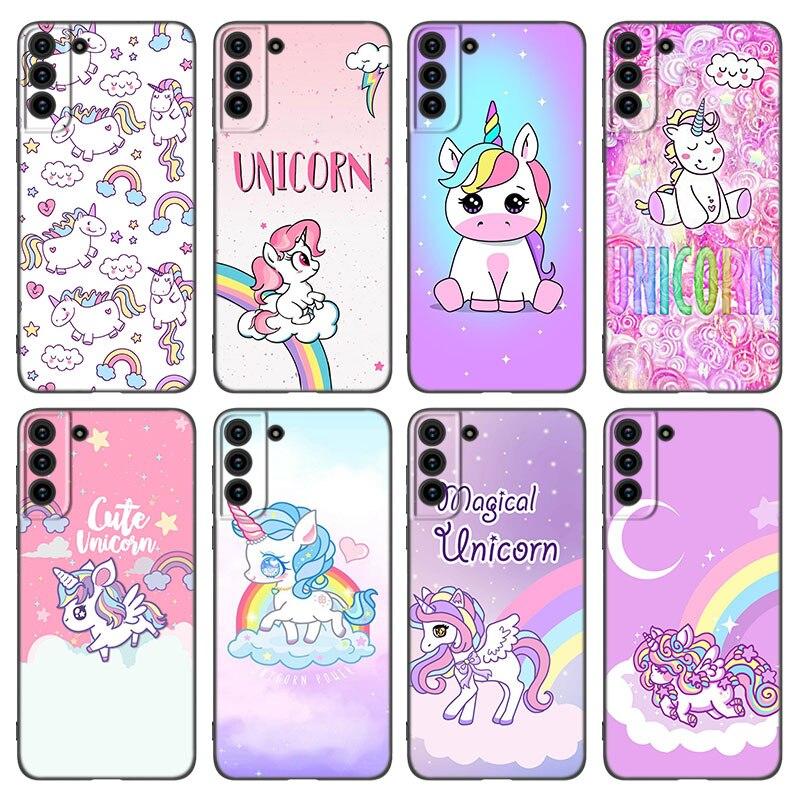 Милый чехол для телефона Rainbow Unicorn для Samsung Galaxy S20 S21 FE S22 Ultra S10 Lite S10E S9 S8 Plus S7 Edge из мягкого ТПУ черного цвета