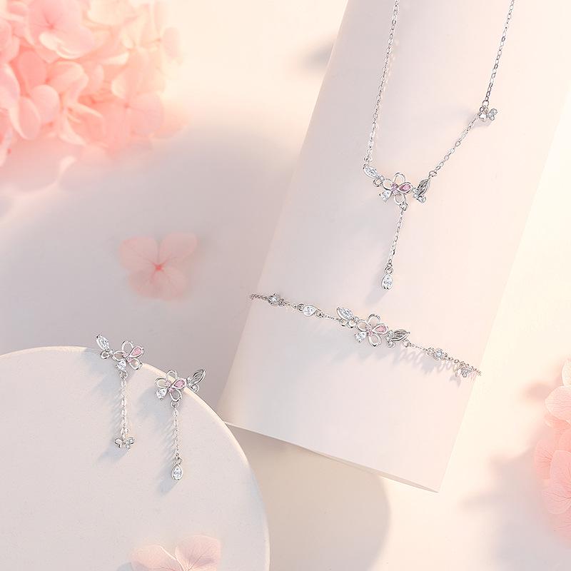 Серебряное ожерелье S925 с цветами сакуры и бабочками - Корейский сладкий стиль Мори для женщин