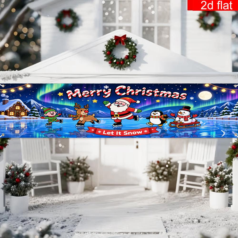 Merry Christmas Yard Sign Party Banner, Santa Claus Reindeer Penguin Snowman Ice Skating Pattern, Polyester Outdoor Fence Decoration