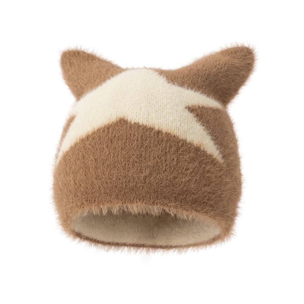 Star Pattern Knitted Bonnet Hat Soft Animal Ear Cap New Cat Ears Knitted Beanie Hat  Winter