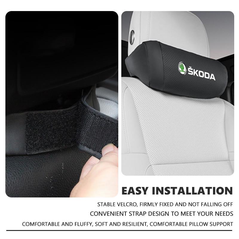 CTGI2 For Skoda Car Logo Seat Headrest Leather Neck Pillow Decorative Accessories Kamiq Karoq Octavia 2 3 Rapid Scala Kami Fabia VII