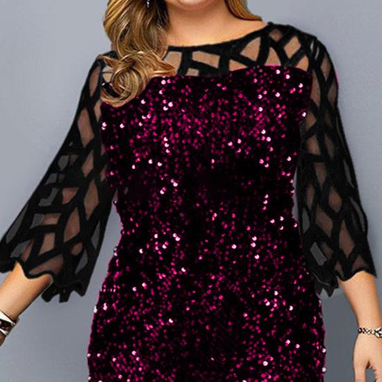 Платье бодикон с круглым вырезом 45720, рукавами, облегающее талию и бедра, с запахом на бедрах, пайетками и прозрачной сеткой