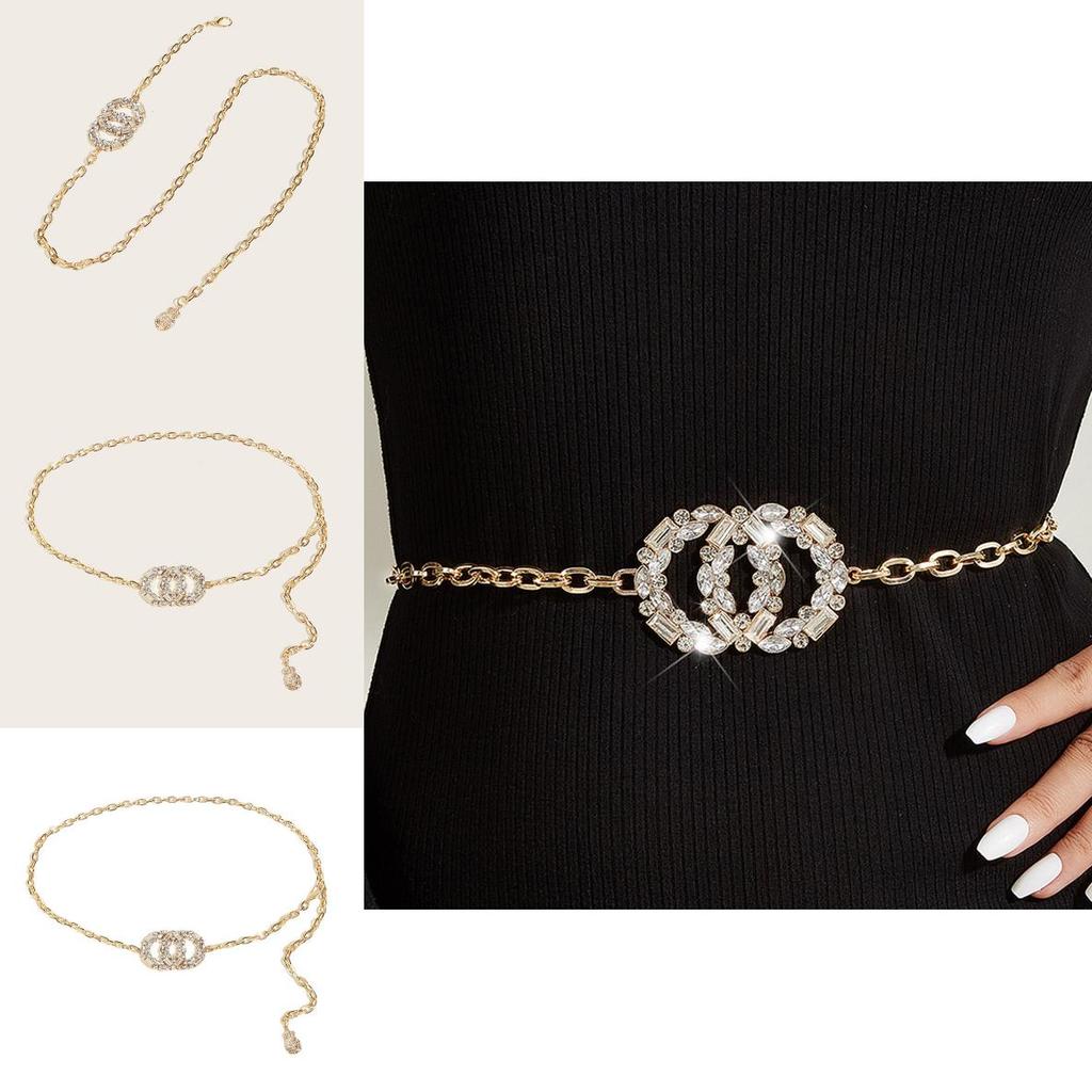 Женский металлический пояс-цепочка с пряжкой с двойным кольцом и стразами для модного наряда