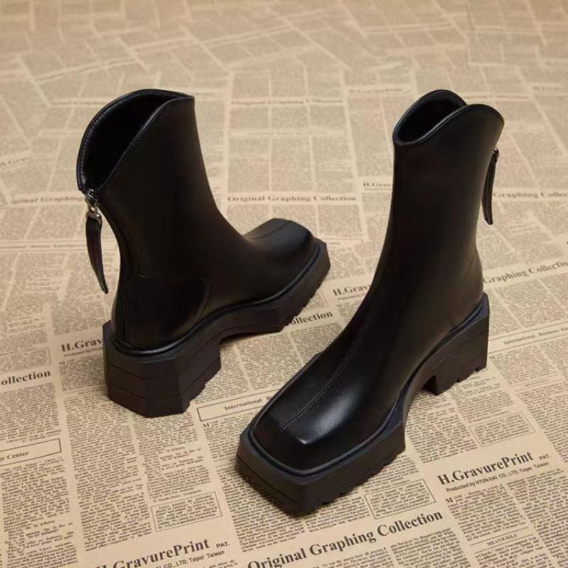 Мода 2024 женские короткие сапоги нестандартная подошва искусственная кожа круглый носок молния сзади высокие каблуки женские сапоги модные простые короткие сапоги