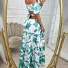 Women Sexy Off Shoulder Printed Lace Up Cutout High Waist Slim Fit Long Swing Dress