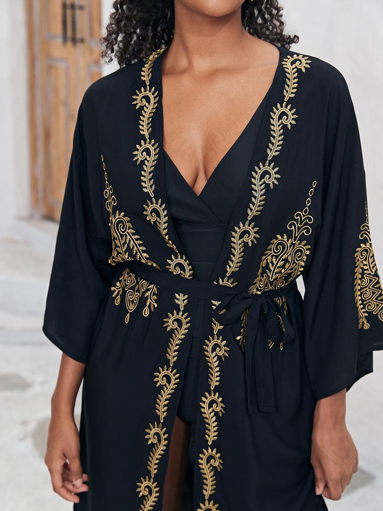Beach Kimono Gold Embroidery Cover Ups for Swimwear Self Belted Swimsuit Cape Wrap Dresses Holiday Bathing Suits